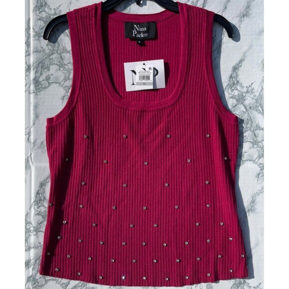 Nina Parker Tops - Nina Parker Womens Sangria Sleeveless Ribbed Tank Top W/ Stud Embellishments 1X